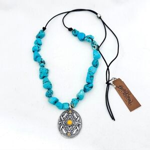 Lucky Brand Turquoise Necklace with Silver and Yellow Stone Pendant
